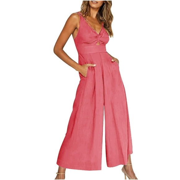 Ersazi Free People Romper Women Strap Jumpsuit Summer New Style Backless Color Pocket Casual Jumpsuit Female in Clearance Pants for Women Trendy Pink L