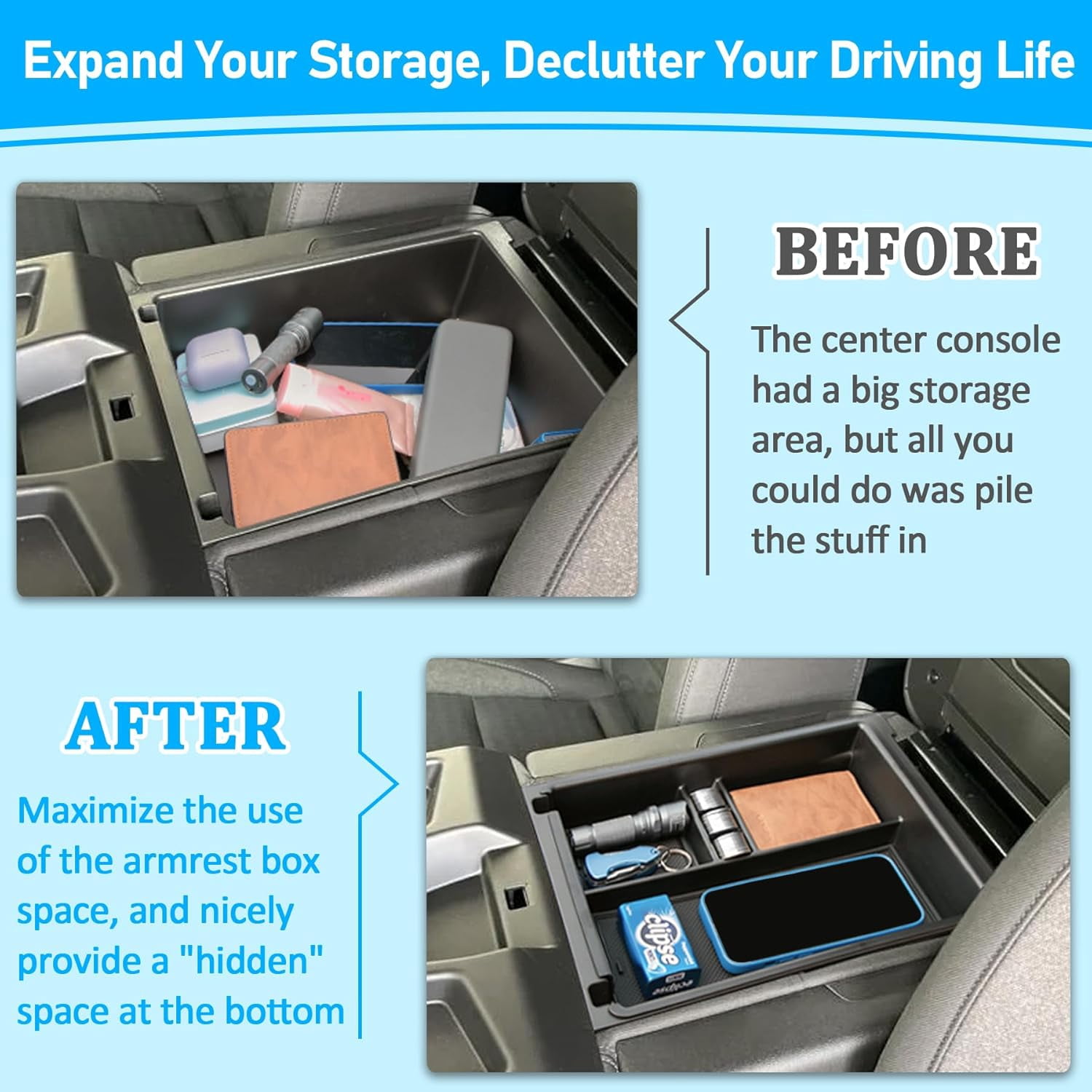 Center Console Organizer Tray Compatible with 2019-2025 2026 Chevrolet Silverado/GMC Sierra 1500, 2020-2026 Silverado/Sierra 2500HD 3500HD, Armrest Storage (Split-Bench Folding Seat ONLY)