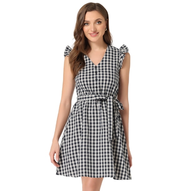 Vestido de tirantes con mangas con volantes y cuadros casuales para mujer Vestido de cuadros vintage con cinturón y línea A Azul Oscuro XL