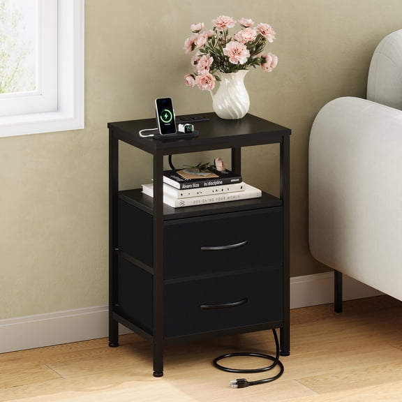 CONCETTA Small Nightstand with Charging Station, 2 Fabric Drawer, End Table with USB Ports and Outlets for Bedroom, Black