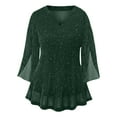 thumbnail image 3 of Lenpel Girls' Sequin Mesh Tops Split Bell 3/4 Sleeve V Neck Tiered Layered Sparkly Tunic Shirts Dressy Casual Blouses(Green,9-10 Years), 3 of 4