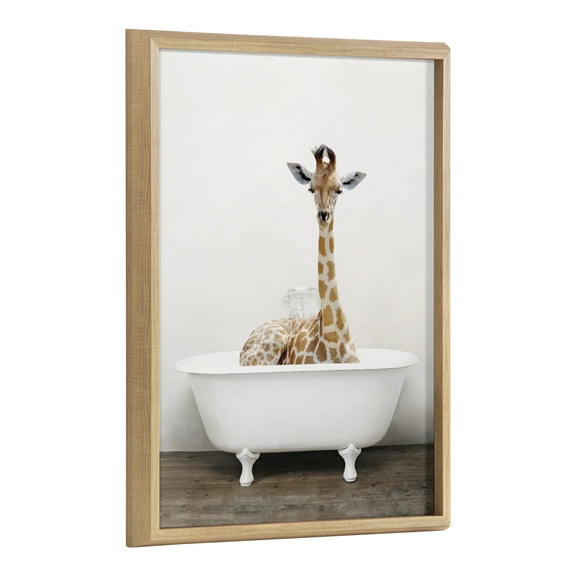 Kate and Laurel Blake Giraffe 2 in Tub Color Framed Printed Glass Wall Art by Amy Peterson, 18x24 Natural, Adorable Animal Art for Wall