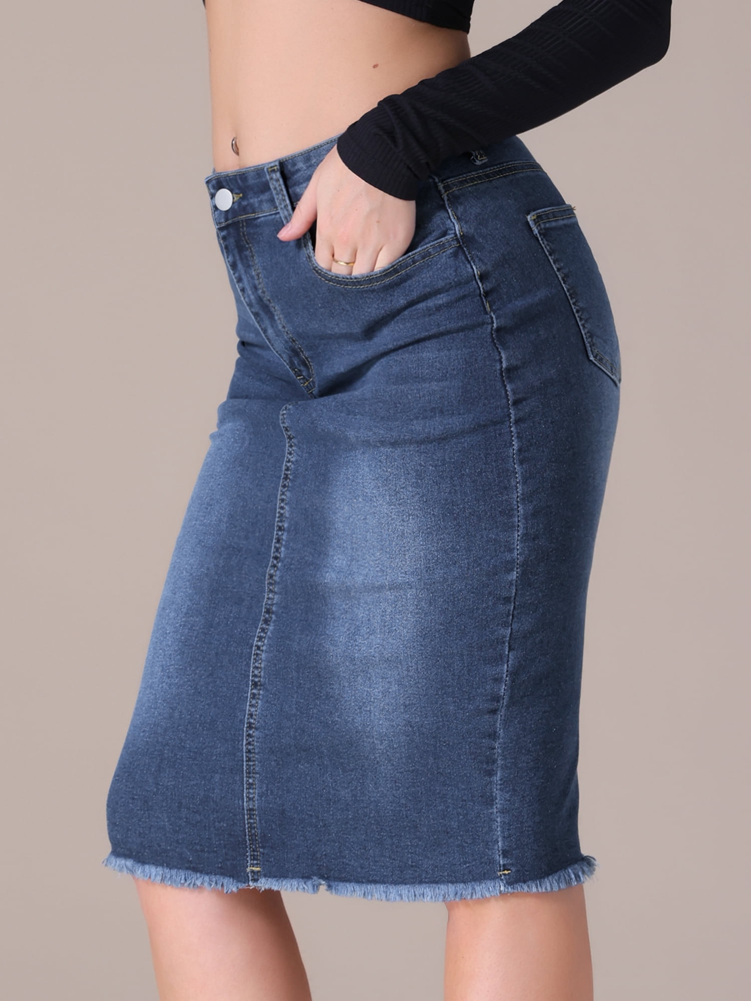 DARING DIVA Women's Denim Raw Hem Pockets Pencil Skirt XL Dark Blue