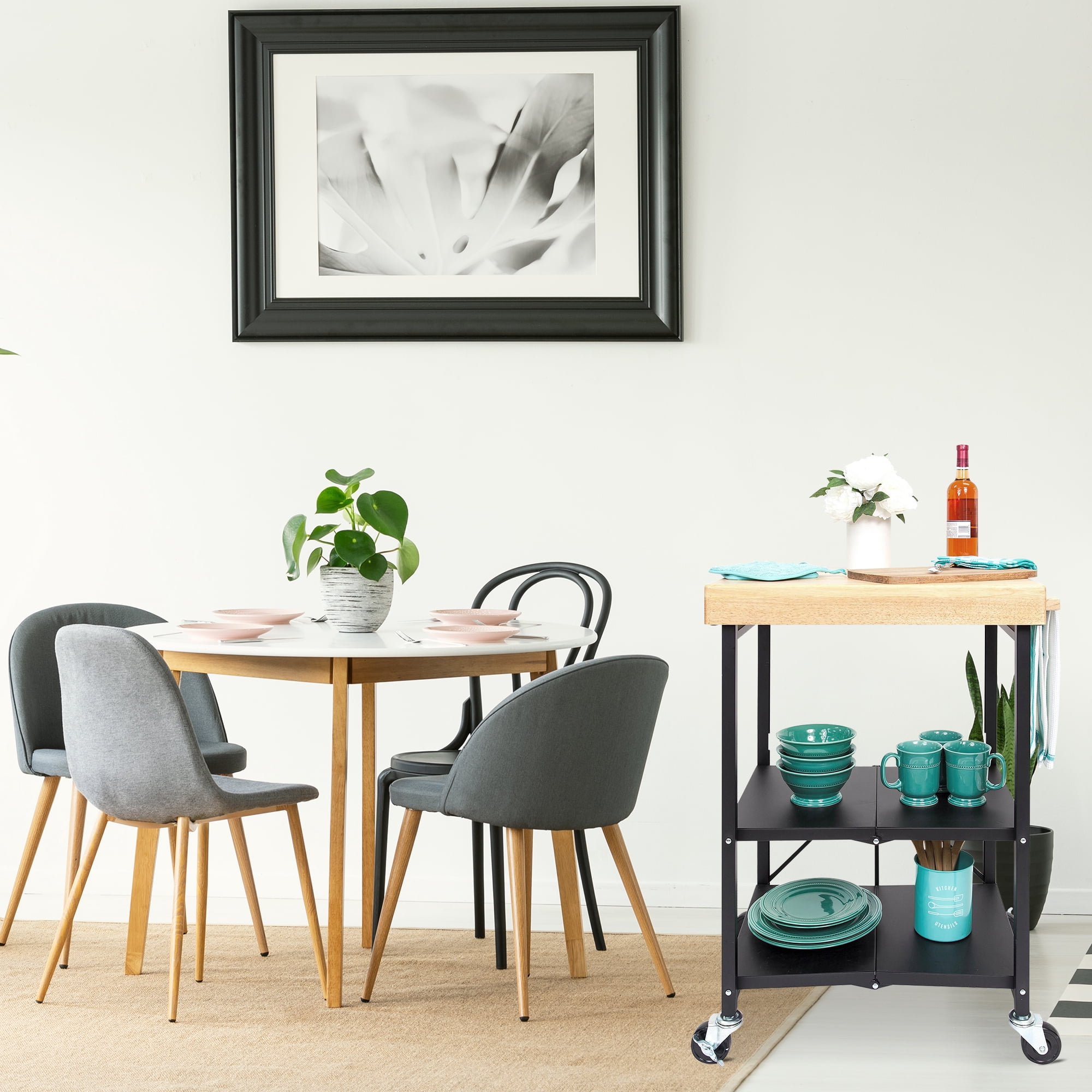 Origami Foldable Wheeled Portable Wood Top Kitchen Island Bar Cart, Black