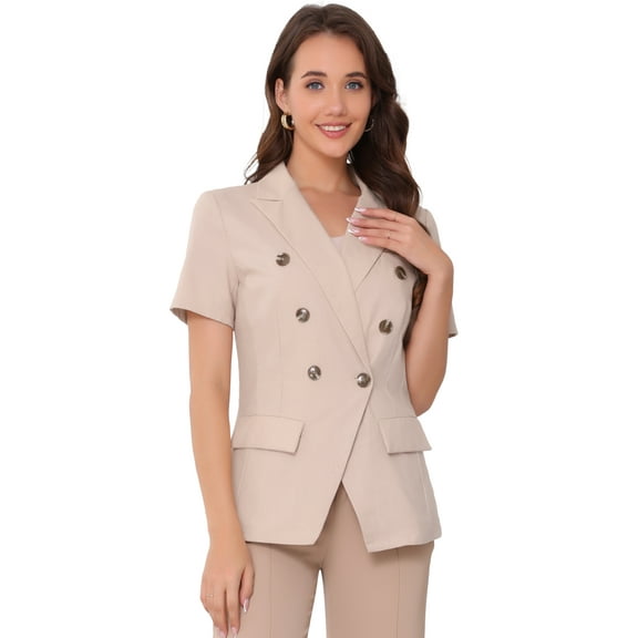 DARING DIVA Women's Double Breasted Work Office Short Sleeve Lapel Blazer XS Light Pink