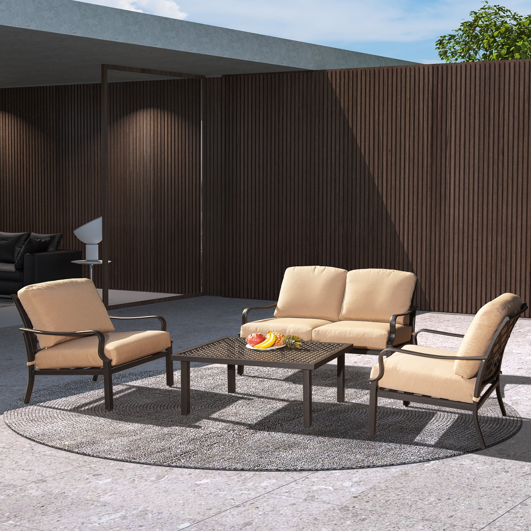 Domi Patio Conversation Set of 4, Cushioned Outdoor Furniture Sets with All Weather Galvanized Steel Frame (Spring Coil Seat Cushion) -Beige
