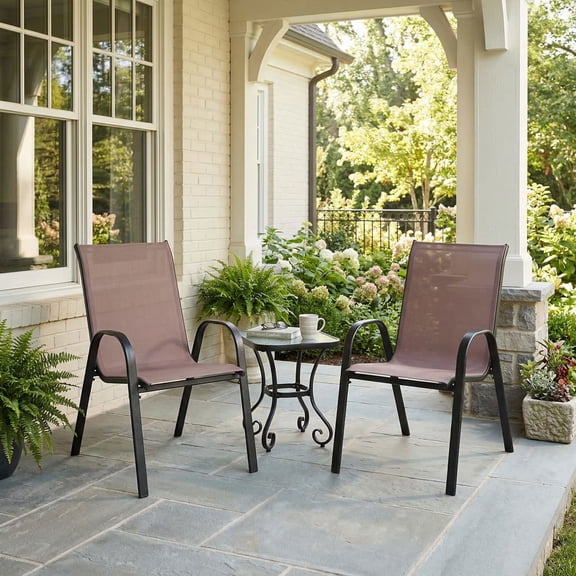 Resenkos 2-Piece Stackable Patio Dining Chairs with Armrests, Sturdy Metal Frame Outdoor Seating for Backyard, Yard, Brown