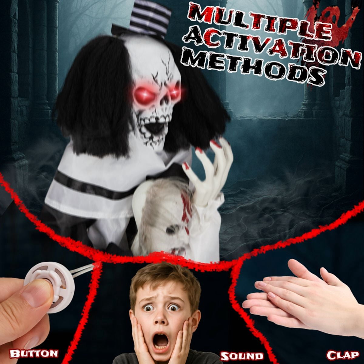 Alvantor Halloween Animated Decorations - 1.8 FT Sound-Activated Scary Clown with Red LED Eyes, Creepy Voice and Bouncing Motion
