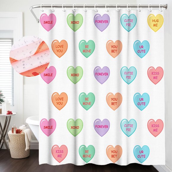 Rideau de Douche de la Saint-Valentin Décoration de Salle de Bain Maison Tissu Polyester Imperméable Cœur de Bonbon Ensembles de Rideaux de Douche avec 12 Crochets Conversation Amour de la Saint-Valentin Rideau de Douche 72x72 Po