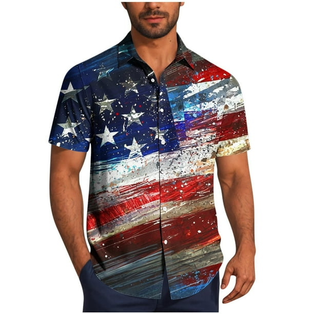Mens Casual Manga Corta Botón Abajo Camisas, Cuello de Vuelta Impresión Del Día de la Independencia para el Verano, Al Aire Libre Y Casual