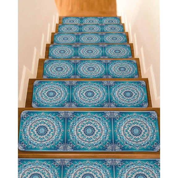 Blue Retro Boho Ethnic Non-Slip Stair Treads for Wooden Steps, 10 Pack 8x30 Inch Carpet Stair Mats with Adhesive Backing, Noise-Reducing Step Covers for Indoor Stairs, Easy to Install & Residue-Free