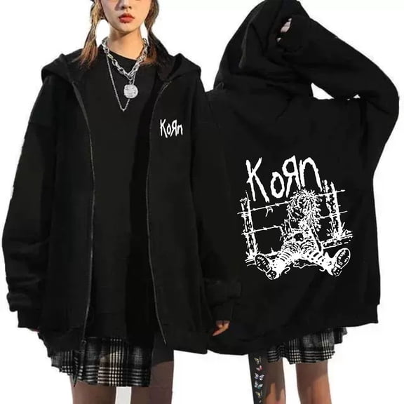 PH DOUBLE L  Ko-Rn patterned hooded cardigan, unisex, casual and stylish zip-up streetwear for autumn and winter.