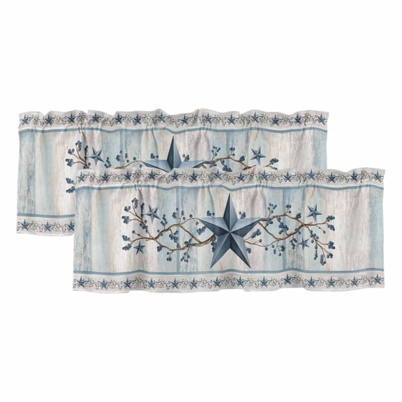 2 Pack Valances for Window, Texas Star Blue Short Curtains for Kitchen Bedroom Living Room, Farmhouse Country Branches Wooden Grain Rod Pocket Small Window Treatment Valance Drapes 54 x 18 Inch
