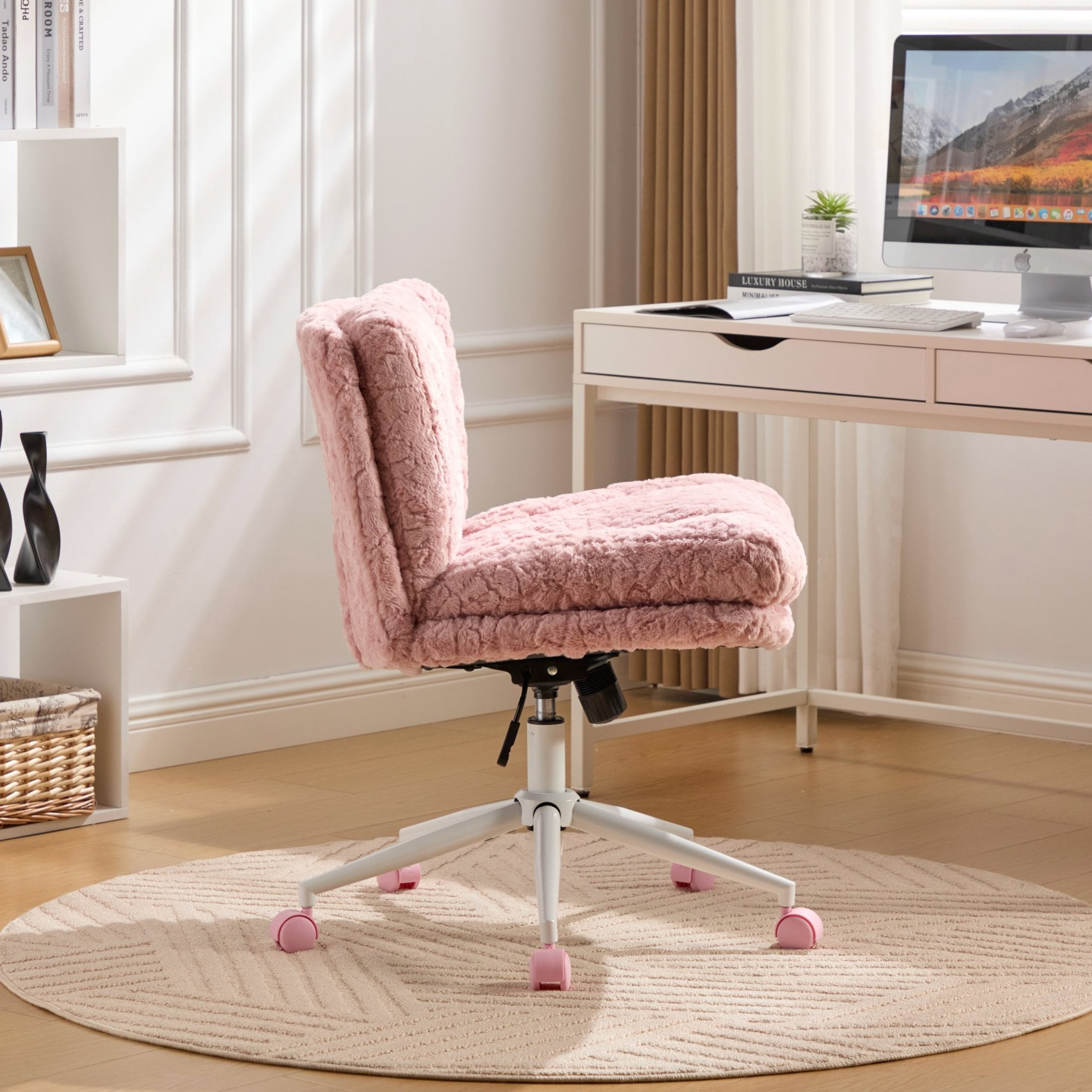 GDF Studio 26.4"W Seat Office Chair with Faux Fur Upholstery, Adjustable Height, Swivel Metal Base, Pink