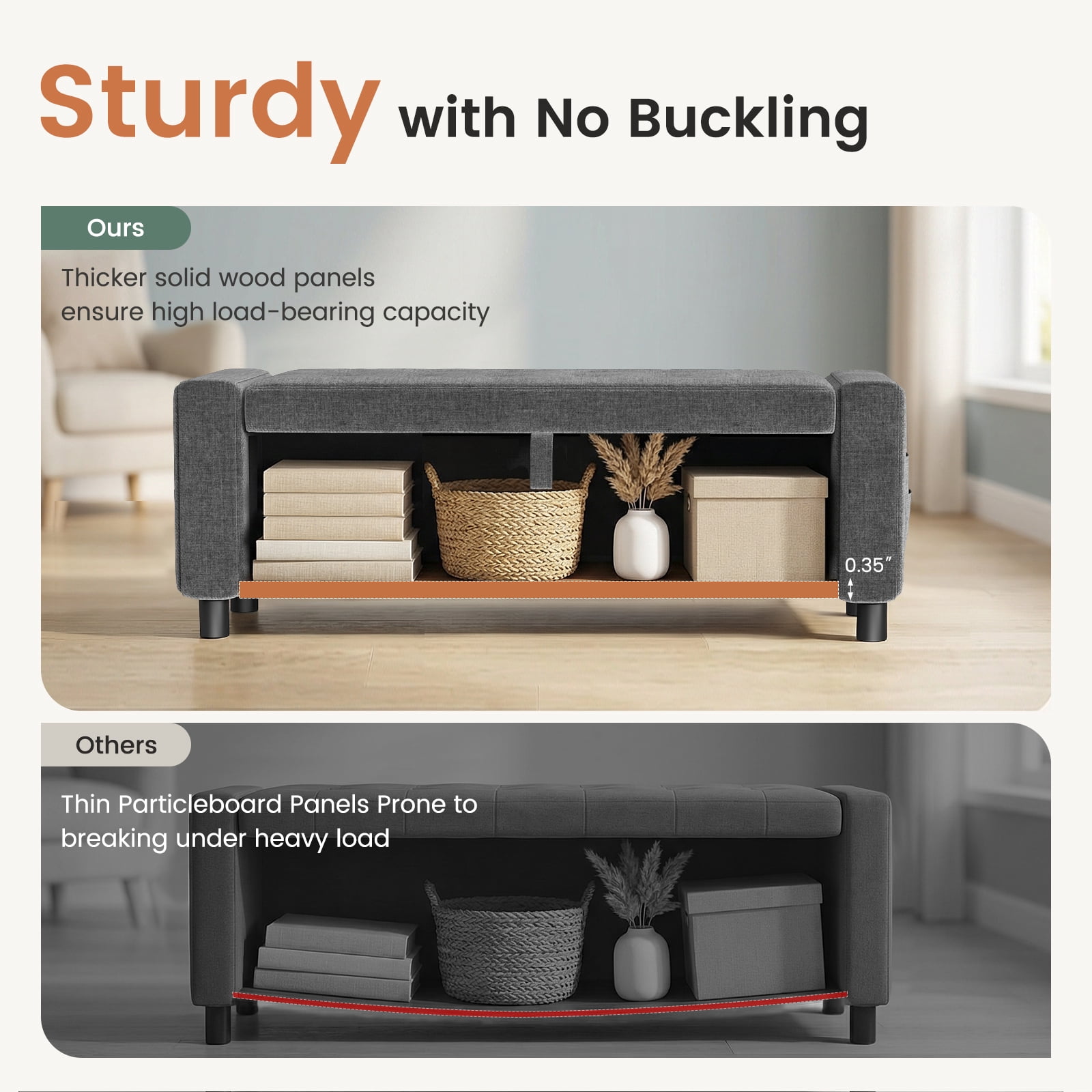 46" Storage Ottoman Bench with Hidden Compartment & Side Pocket,400 lbs Capacity,Safety Hinge,Multi-Functional End of Bed/Entryway Storage,Gray