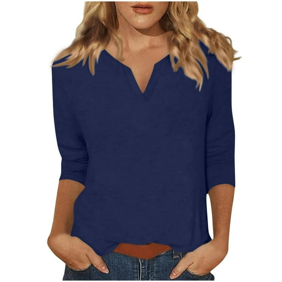 Dxzfnsa Womens V Neck 3/4 Sleeve T Shirts Casual Button Curved Hem Tunic Tops Basic Loose Fit Tees Fall Outfits 2025 S-2XL