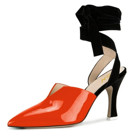 YDN Women Sexy Lace Up Mid Heels Sandals Pointed Closed Toe V Cut D Orsay Ankle Strap Pumps Slingback Party Dress Shoes Size 8 Orange
