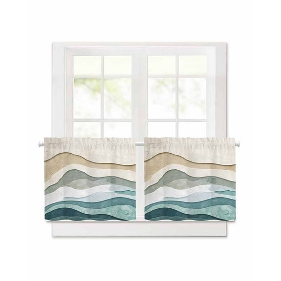 Abstract Wave Effect Short Blackout Curtains 30Inch Long Watercolor Blue Stripes Rod Pocket Kitchen Curtains, 2 Panels Thermal Insulated Room Darkening Drapes for Bedroom, 30"W x 30"L