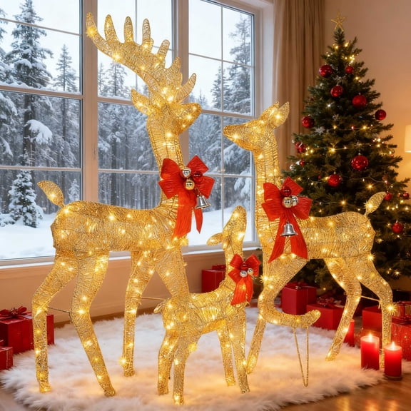 iTopRoad 3-Piece Lighted Christmas Deer Set Outdoor Yard Decoration LED Lights, Stakes - Gold