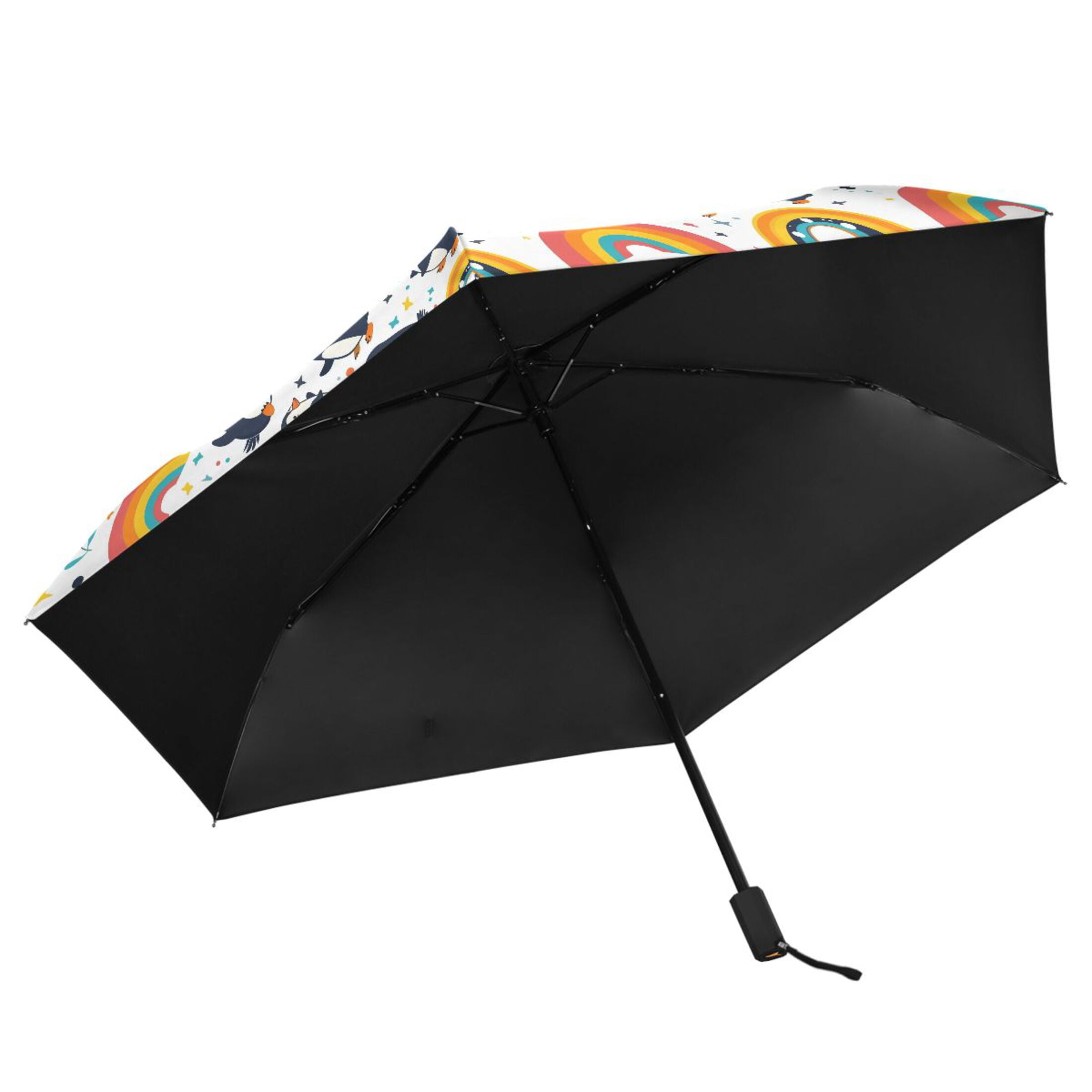 Cartoon Penguins and Rainbow Compact Sun Umbrella Windproof Travel Umbrellas for Rain Strong Portable UV Protection