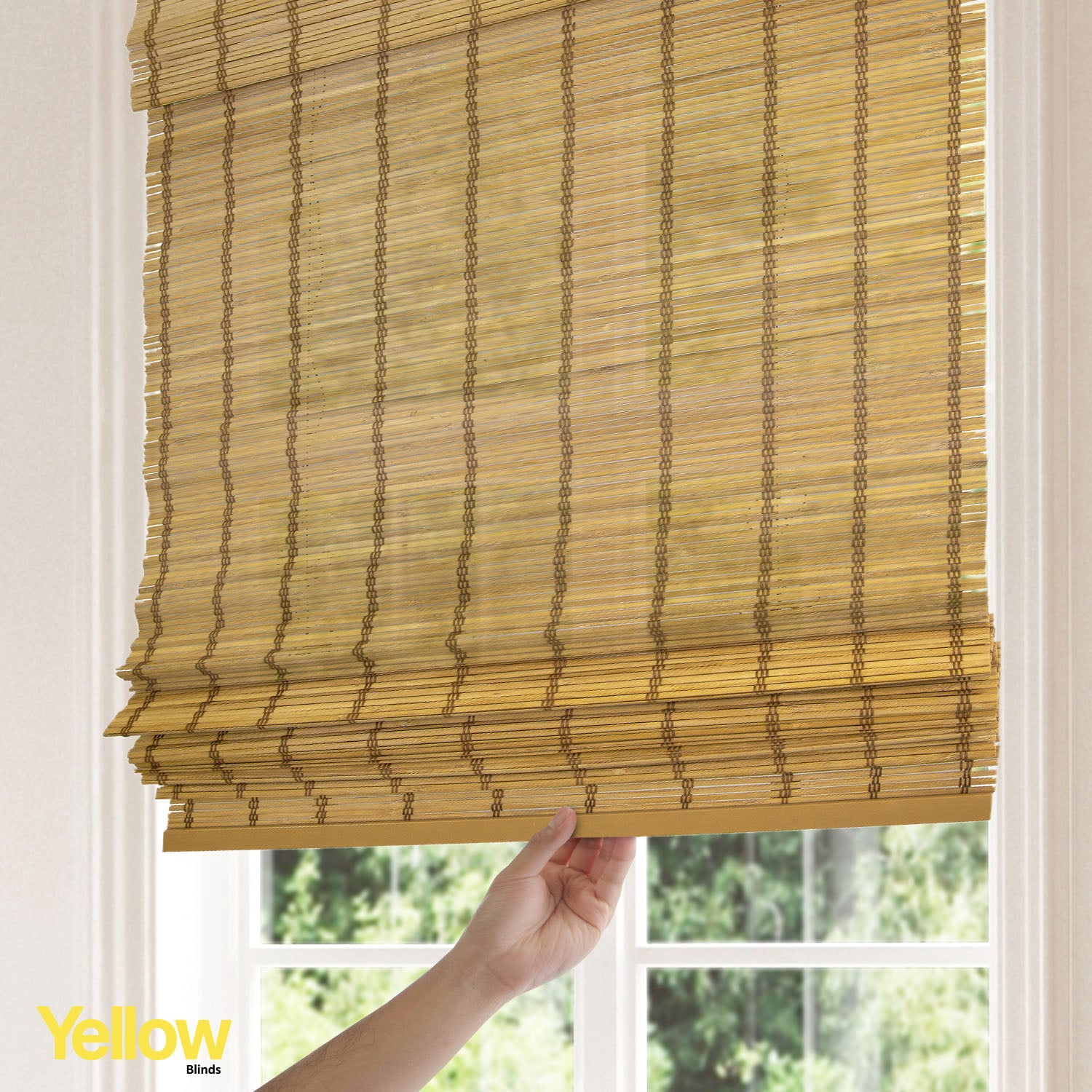 Yellow Blinds 27"W x 64"H Natural Woven Cordless Light Filtering Bamboo Roman Shades for Window, Cinnamon
