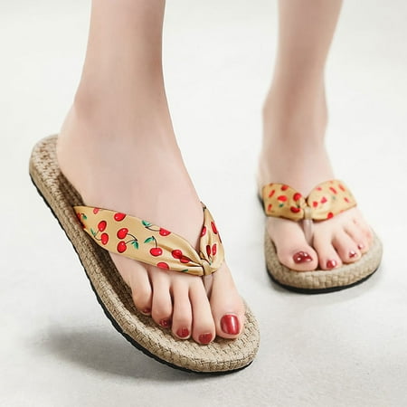 

Fashion Spring And Summer Women Slippers Straw Espadrille Fruit Pattern Sandals Flip Flops Beach Flat Bottom