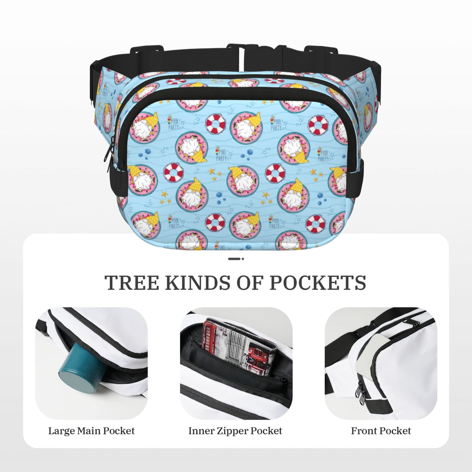 Picia Gnome Pool Party Print Square Double-Layer Waist Bag Mini Adjustable Waist Belt Bag Exercise Running Travel Hiking