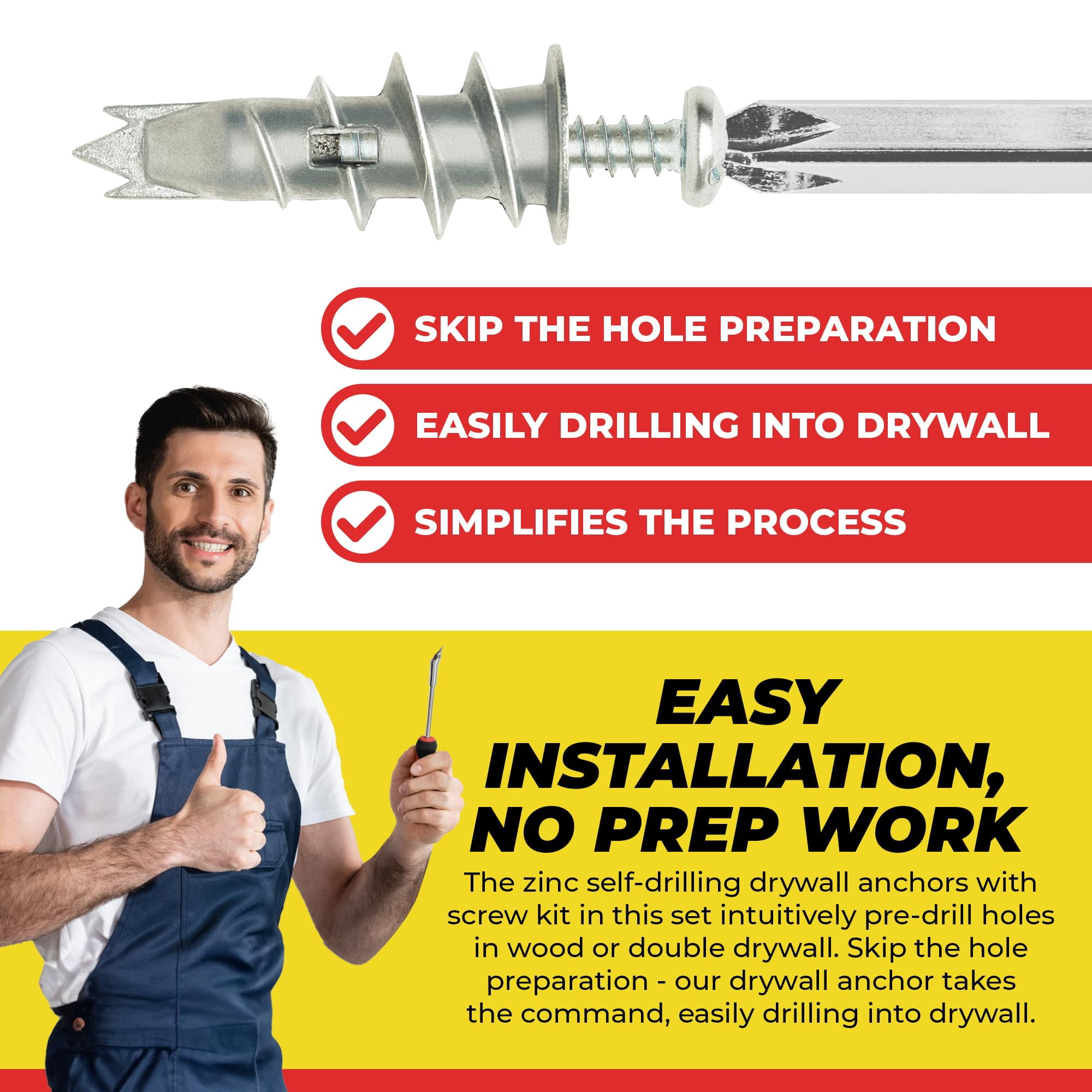 Zinc Self Drilling Drywall Anchor Hollow Wall Anchor Kit with Screws - Metal Self Drilling Drywall Anchors with Wide Screw Fins - #8 Zinc Drywall Anchors Heavy Duty - 50 Pack - 75 Lbs