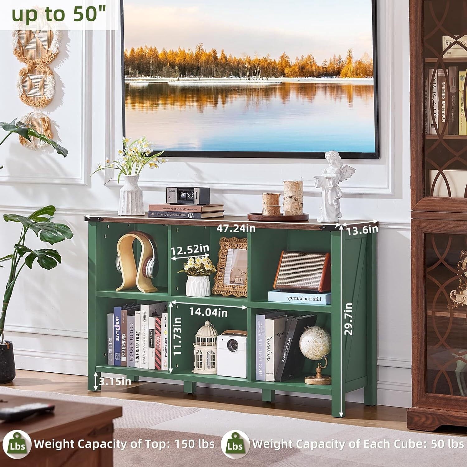 Joaxswe 6 Cube Storage Organizer, Farmhouse Green 47.2'' Wide 2 Tier Display Book Shelf, Wooden Cube Bookcase for Living Room, Bedroom, Office