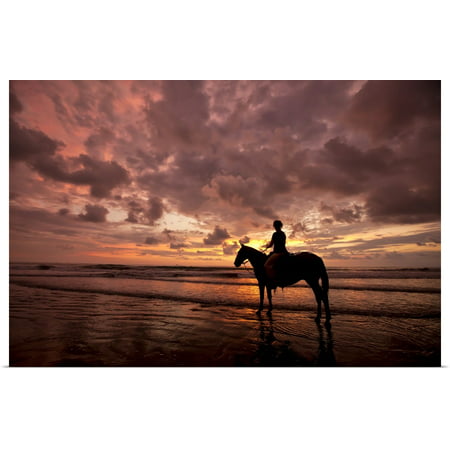 Great BIG Canvas | Rolled Scott Stulberg Poster Print entitled Colorful sunset on the beach with horse and rider