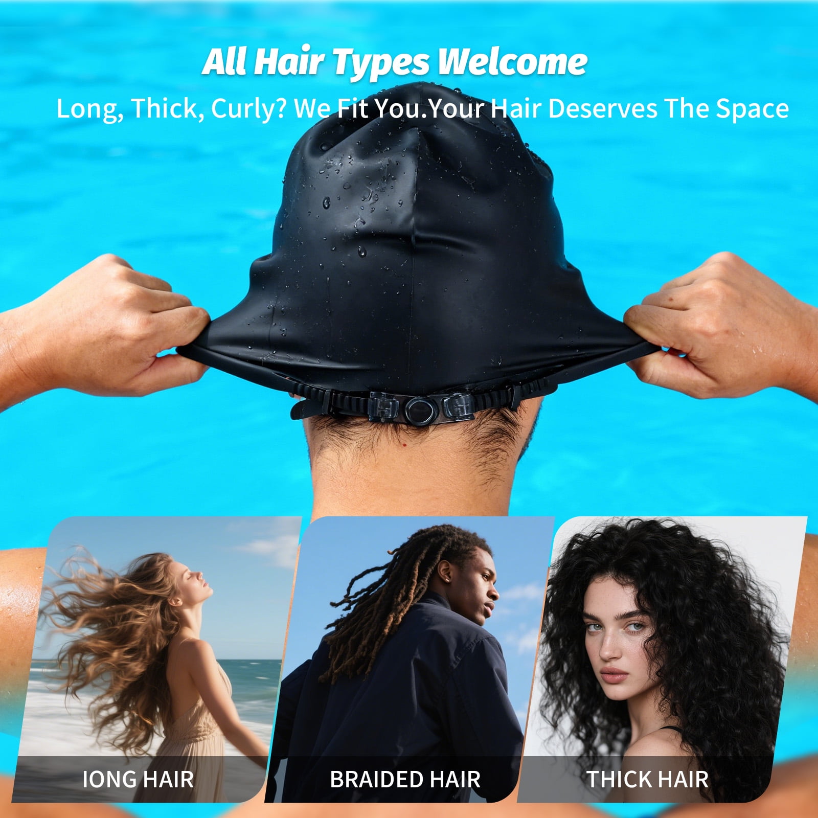 Adjustable Large Swim Cap for Women Men, Waterproof Silicone Swimming Caps Ideal for Long Hair, Thick Curly Hair & Dreadlocks Braids Weaves Afro Hair - Keep Hairstyle Unchanged-Black