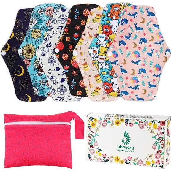 7 in 1 Reusable Menstrual Pads, Bamboo Cloth Pads for Heavy Flow with Wet Bag, Large Washable Overnight Soft Cloth Sanitary Pads Panty Liners Period Pads