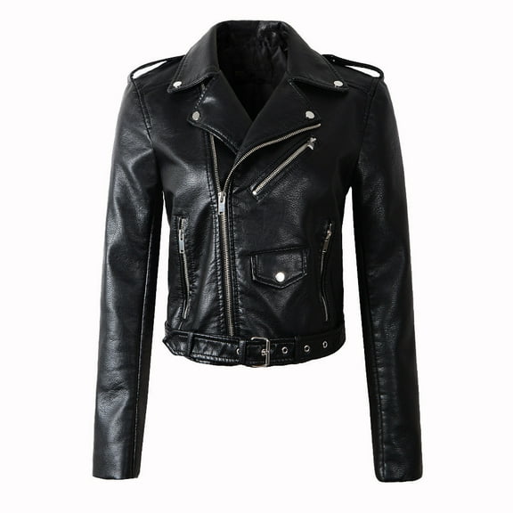 Elegant Slim Basic Ladies Jackets Women Ladies The Belt Fashion Leather Racing Style Biker Jacket