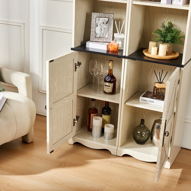 Farmhouse Storage Cabinet with Barn Door & Adjustable Shelf, Wood Bookcase for Home Office, Bookshelf with Open Display Cubbies