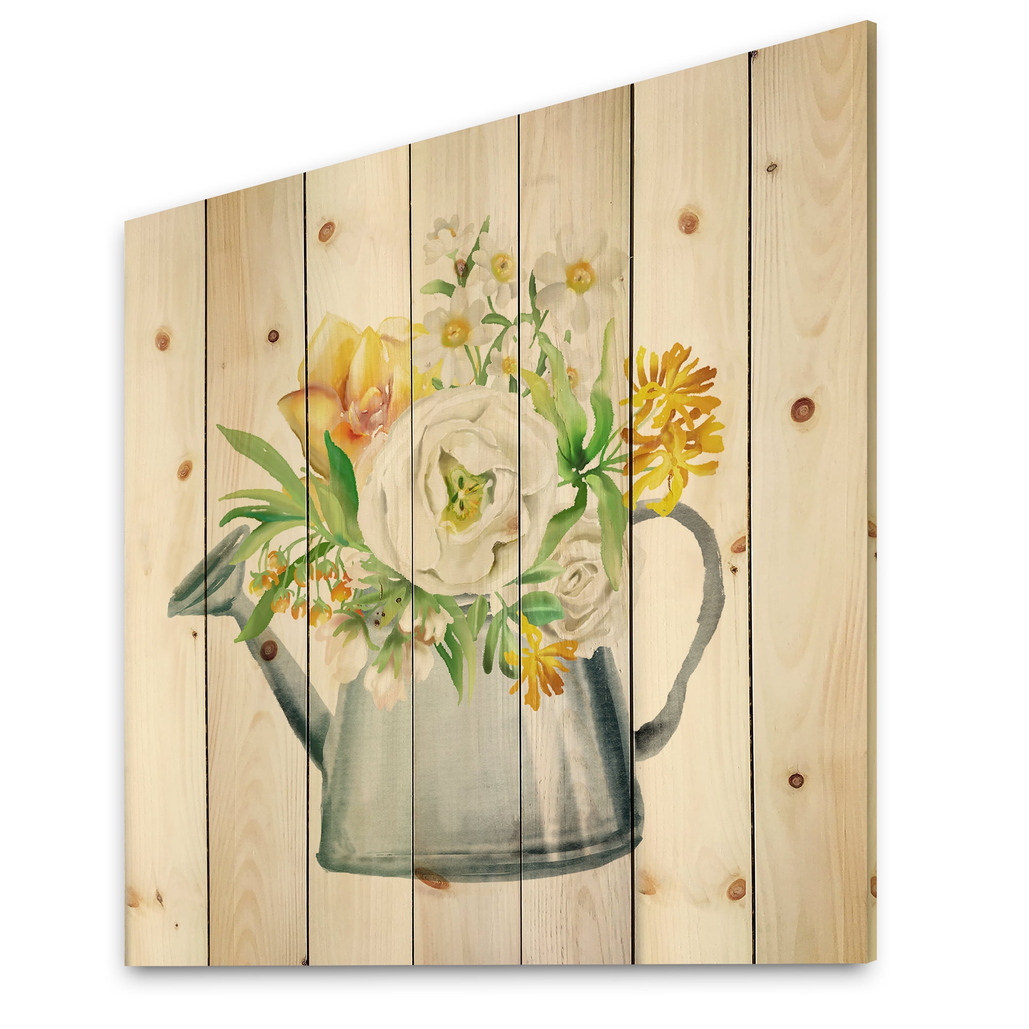 Designart 'Marigolds Roses and Peonies In Garden Watering Can' Farmhouse Print on Natural Pine Wood