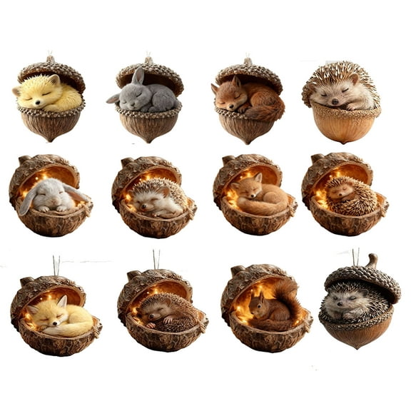 12PCS Forest Animal Acorn Ornaments, Cozy Forest Woodland Christmas Ornaments, Pine Cone Animal Deco for Christmas Tree, Squirrel Acrylic Hanging Ornament for Home Decor