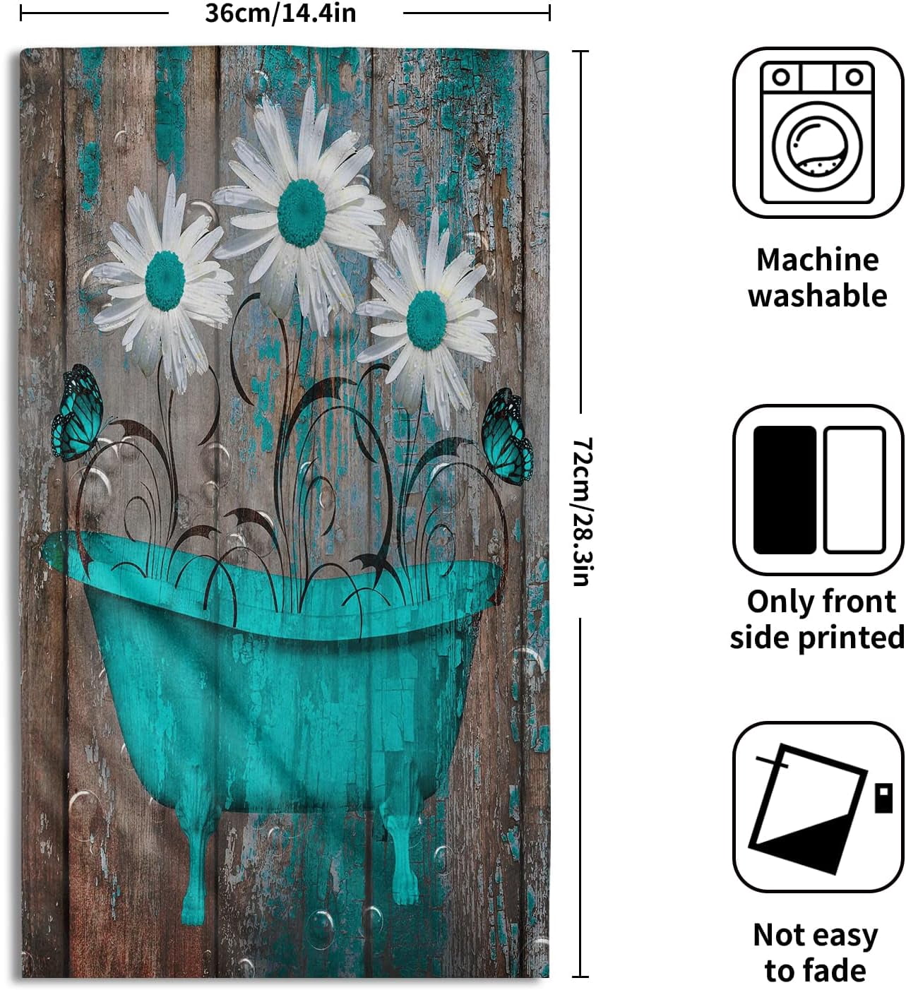 Retro Barn Teal Green Brown Floral Hand Towels  Daisy Turquoise Butterfly Fingertip Towel Set Rustic Wooden Kitchen Decor Dish Towels for Bathroom, Hotel, Gym,Spa