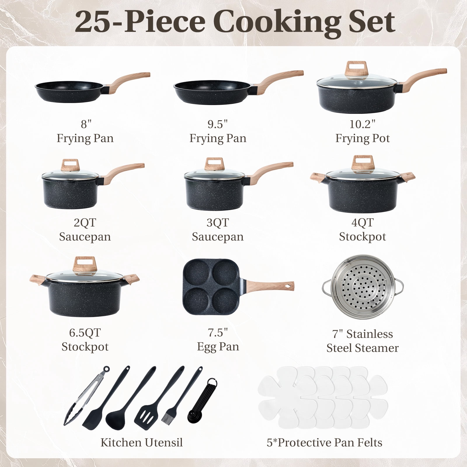 CONCETTA 25 Piece Nonstick Ceramic Cookware Set, Black Granite Induction Pots and Pans with Stay-Cool Handles & Lids, Healthy Kitchen Cooking Set