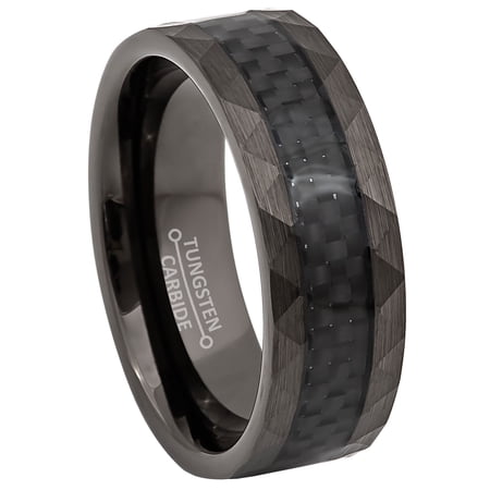 Jewelry Avalanche Hammered Gunmetal Tungsten Wedding Band for Men, Black Carbon Fiber Inlay, 8mm, size 10