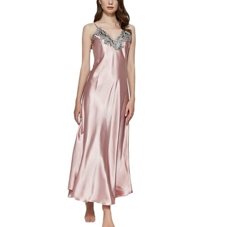 

Musuos Women V-neck Sleepwear Nightgown Satin Silk Lace Lingerie Pajama Night Dress