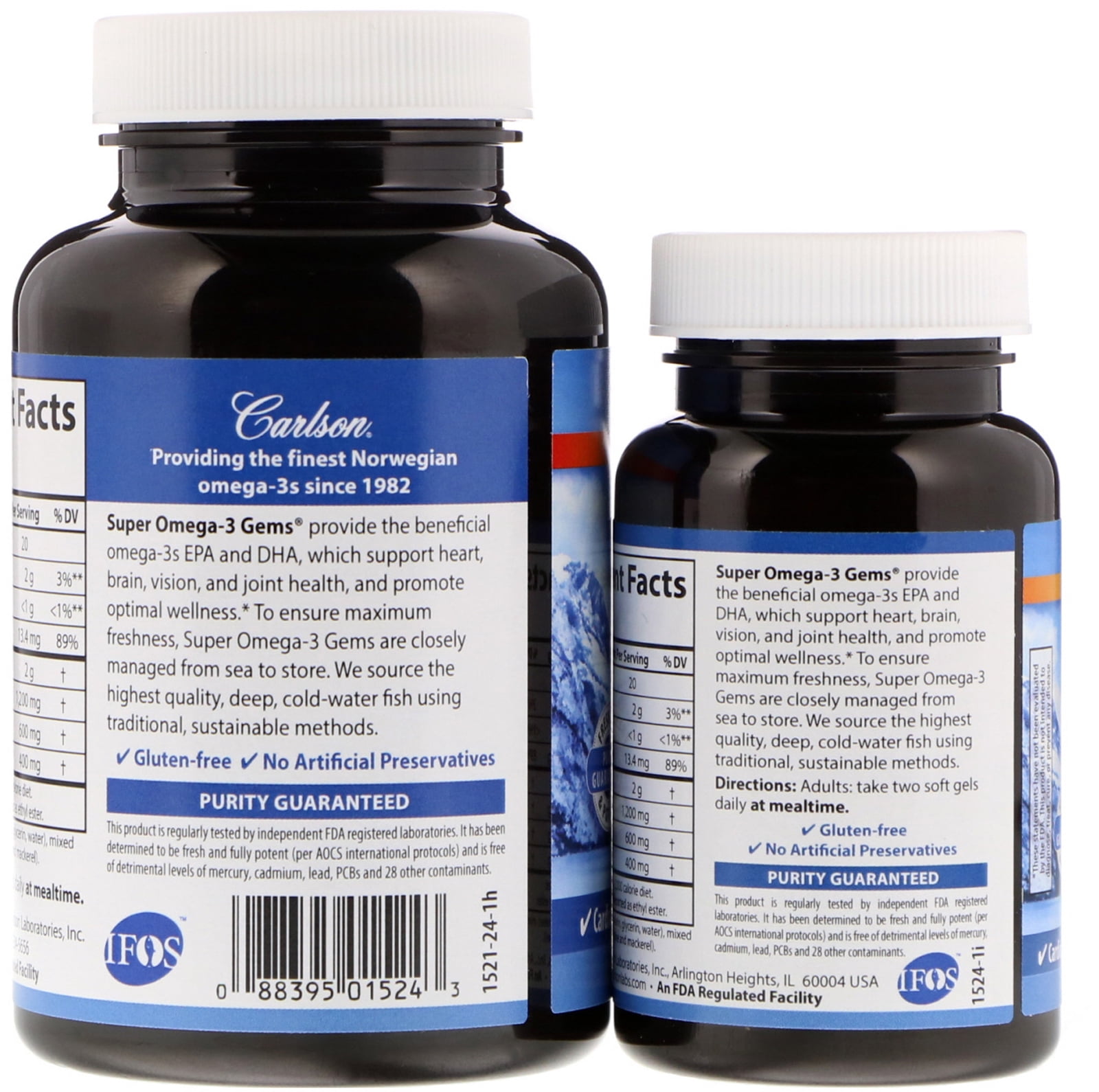 Carlson - Super Omega-3 Gems, 1200 mg Omega-3s, Norwegian, Wild Caught, Sustainably Sourced, Bonus Bottle, 100+30 Softgels