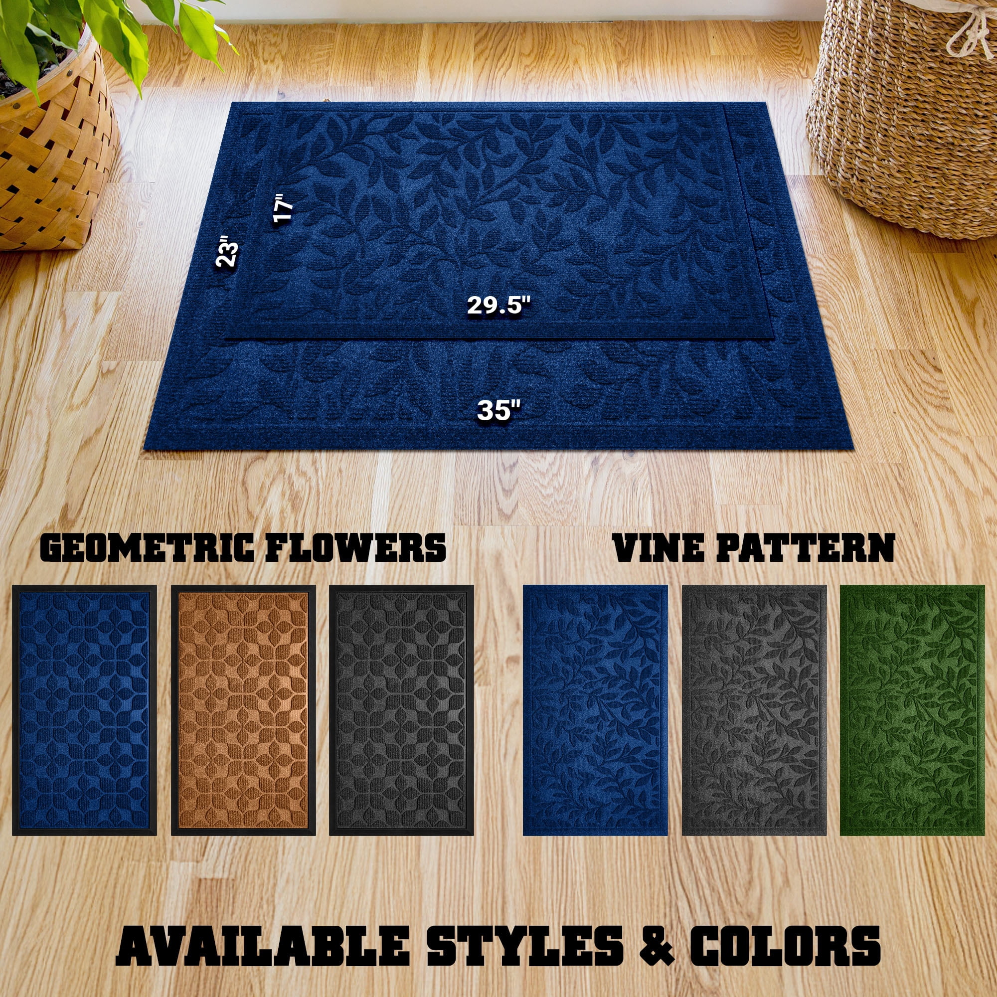 G128 23x35in Blue Floral Leaf Welcome Mat, Outdoor Front Door Rug for Entryway, Durable Doormat for Porch, Patio, or Indoor/Outdoor Use
