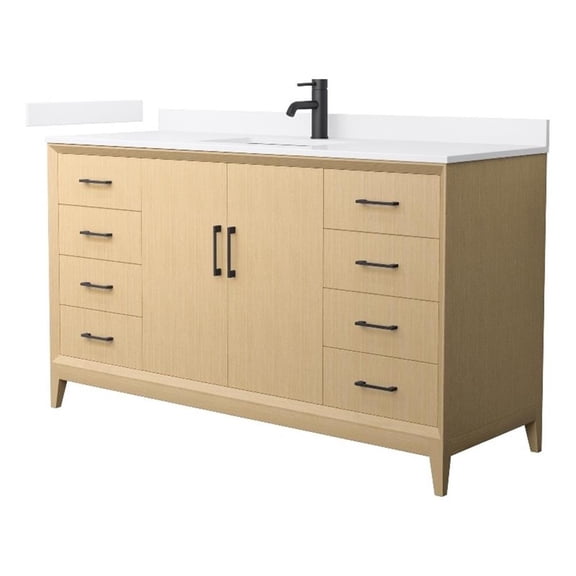 Janna 60" White Oak Single Vanity & White Quartz Top (1-Hole) & Black Trim