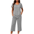thumbnail image 2 of Costeam Womens Linen Textured 2 Piece Casual Outfits Crew Neck Short Sleeve Top Elastic Waist Capri Pants with Side Pockets Solid Color Loose Fit Lightweight Summer Daily Co Ord Set, 2 of 6