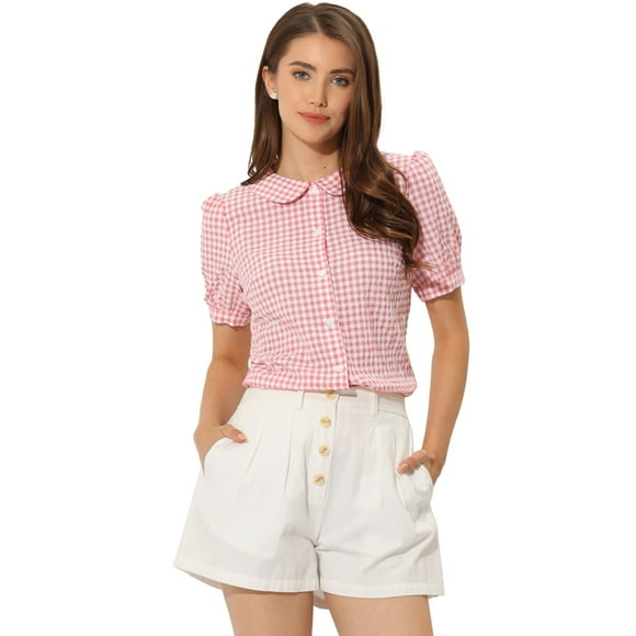 Blusa de cuadros para mujer, manga corta, cuello Peter Pan, camisa con botones Rosa M