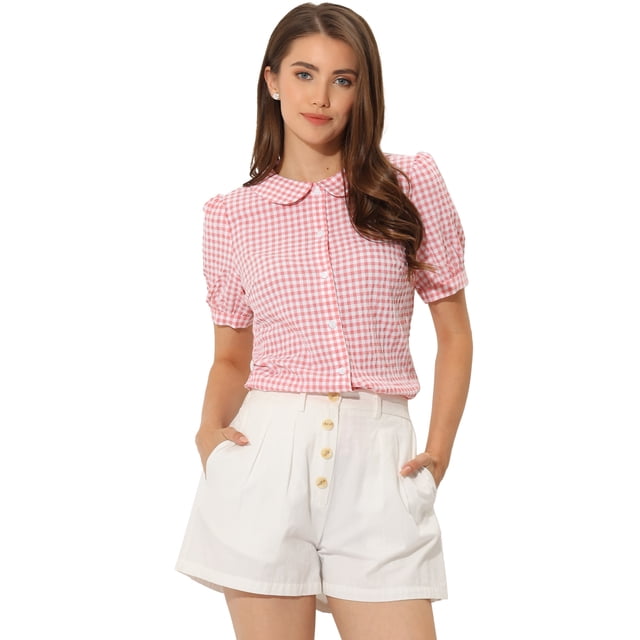 Blusa Allegra K cuadros mujer manga corta cuello Peter Pan Rosa S