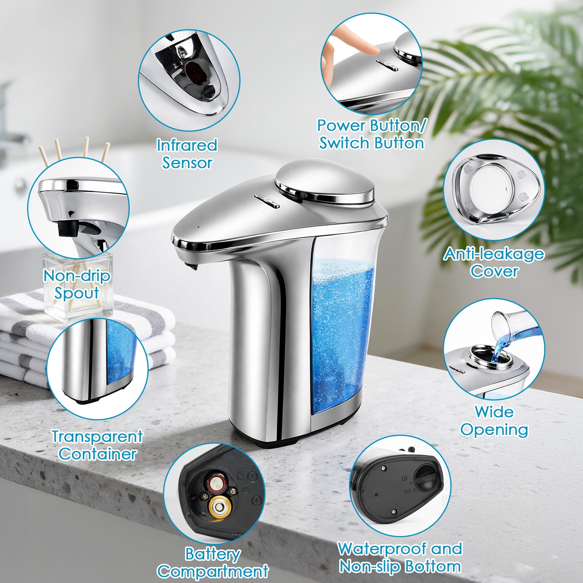WANALIT Automatic Soap Dispenser Touchless, 17oz/500ml Dish Soap Dispenser with Infrared Sensor, 5 Adjustable Foam Levels, for Kitchen Bathroom Sink Countertop, Silver