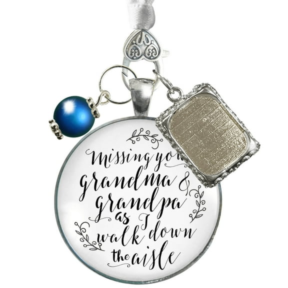 Bouquet Charm Missing Grandma Grandpa Wedding Memorial White Silvertone Blue Frame