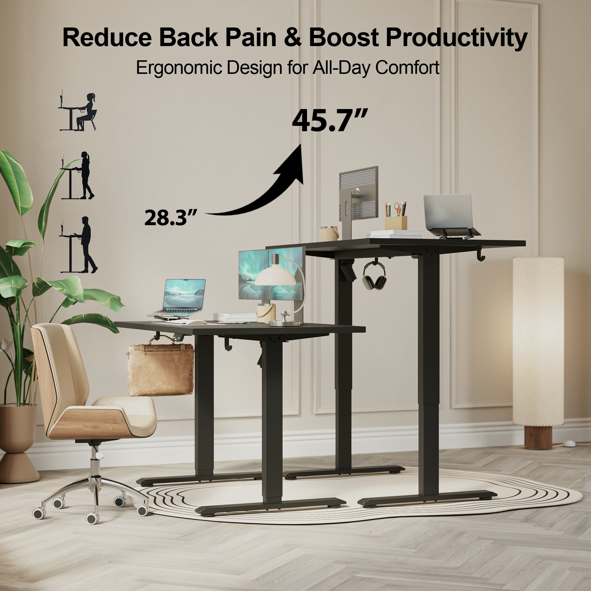 47.2 Inch Electric Height Adjustable Standing Desk, Ergonomic Home Office Desk with Memory Preset, Sit to Stand Computer Desk with Hooks, Black