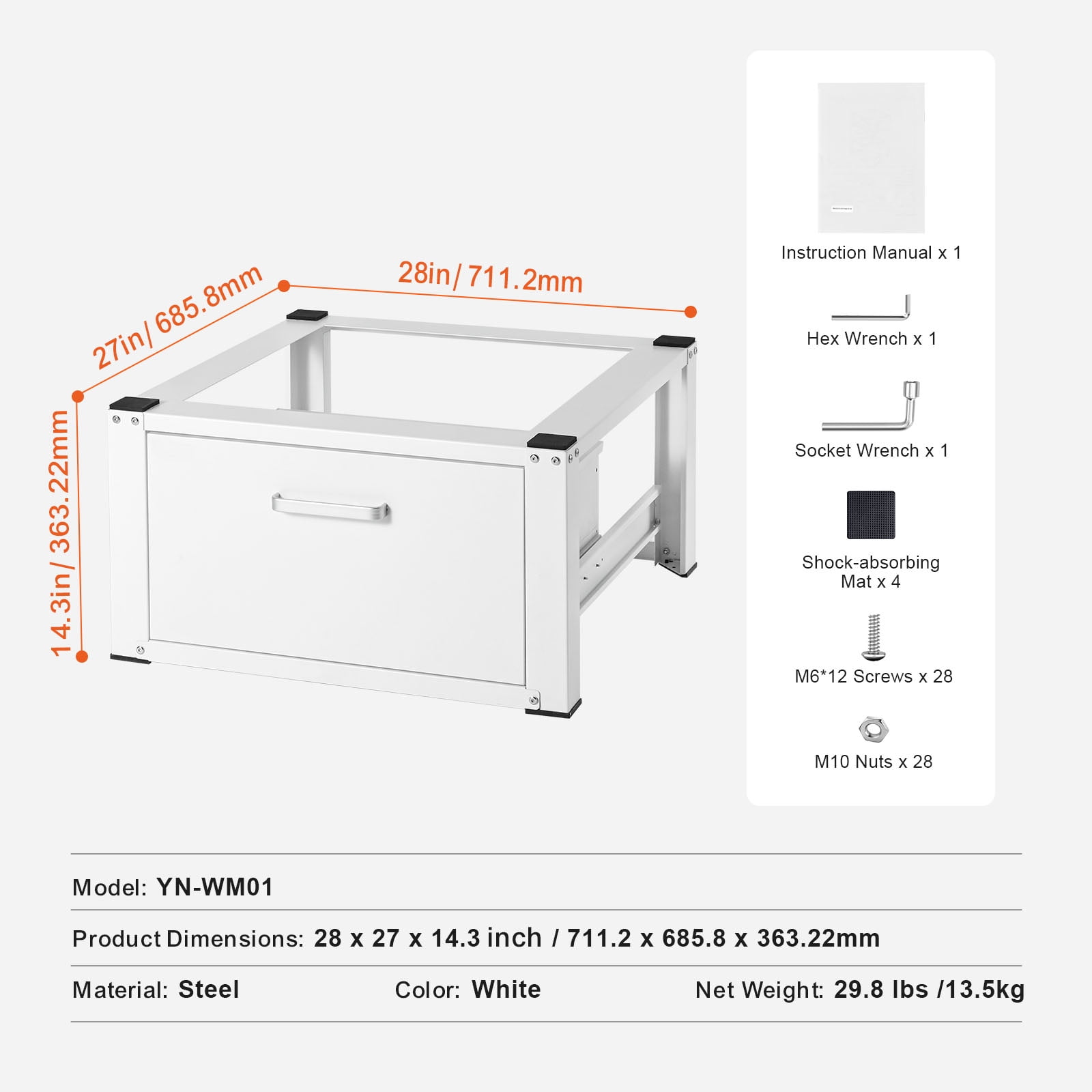 KFFKFF 27" Laundry Pedestal Wide Universal for Washer Dryer Stand Platform